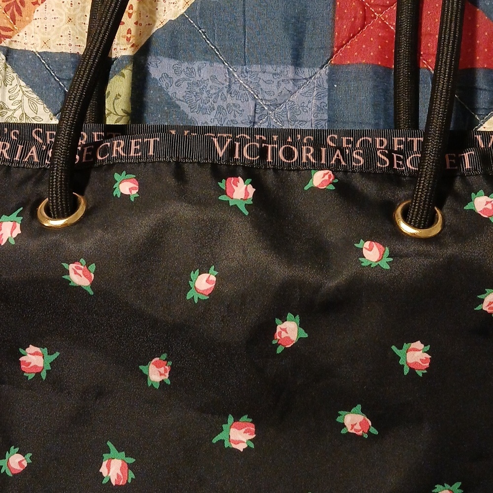 Victoria's Secret Black Tote with Pink Rose Print, 2 Side Pockets - Picture 2 of 5
